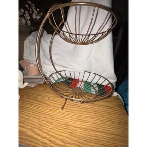 Retro Two Tiered Swirl Design Metal Fruit Basket Stand Bronze Finish